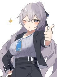 1girl belt black_jacket black_skirt blinking blush breasts bronya_zaychik bronya_zaychik_(outstanding_attitude) bronya_zaychik_(silverwing:_n-ex) drill_hair finger_gun grey_eyes grey_hair grey_shirt h2o_omizu hair_ribbon highres honkai_(series) honkai_impact_3rd id_card jacket lanyard large_breasts long_hair long_sleeves looking_at_viewer multiple_belts office_lady one_eye_closed open_mouth pointing pointing_at_viewer red_pupils ribbon shirt skirt solo solo_focus star_(symbol) upper_body very_long_hair white_background