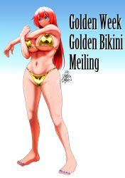 1girl :o bikini blue_background blue_eyes breasts full_body gold_bikini golden_week gradient_background hair_between_eyes highres hong_meiling koyubi_(littlefinger1988) large_breasts legs long_hair nail_polish navel red_hair signature solo stretching swimsuit touhou white_background