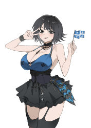 1girl absurdres black_eyeliner black_hair black_lips black_skirt bra breasts choker cleavage corset eyeliner garter_straps highres makeup miniskirt original quebecois_flag short_hair shouz simple_background skirt smile solo thighhighs underwear v white_background