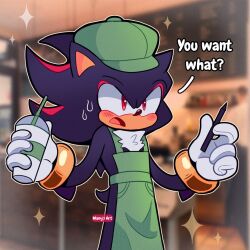 1boy apron cup disposable_cup english_text furry furry_male gloves green_apron iced_latte_with_breast_milk_(meme) male_focus manysart1 meme open_mouth outline red_eyes shadow_the_hedgehog signature solo sonic_(series) spanish_commentary sparkle sweat tail the_murder_of_sonic_the_hedgehog white_gloves white_outline