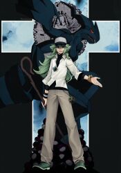 1boy behind_another black_background black_eyes black_hat black_shirt blue_sky bracelet cloud cloudy_sky colored_sclera crossover death_note double-parted_bangs dress_shirt empty_eyes facing_to_the_side facing_viewer gen_5_pokemon gold_bracelet green_shoes hat highres holding holding_staff holding_stick jewelry khaki_pants legendary_pokemon long_bangs long_hair male_focus n_(pokemon) necklace nintendo nuumigranate open_hand open_mouth outstretched_arm overcast parody partially_unbuttoned poke_ball pokemon pokemon_(creature) pokemon_bw ponytail red_sclera rubik&#039;s_cube shirt shirt_under_shirt shoes sky sleeves_rolled_up spread_wings staff stick stone_tablet style_parody unbuttoned unbuttoned_shirt untucked_shirt wallet_chain white_eyes white_shirt zekrom