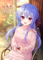 1girl :d alternate_costume animal_print black_bow blue_hair blush bow braid butterfly_print casual commentary_request commission cowboy_shot crown_braid cup day eyelashes floating_hair hair_between_eyes hair_bobbles hair_bow hair_ornament happy heart holding holding_cup kousetsu long_hair looking_at_viewer on_chair open_mouth outdoors pink_sweater red_eyes sidelighting sidelocks signature sitting skeb_commission sleeves_past_wrists smile solo sorakado_ao sparkle summer_pockets sweater tea teacup turtleneck turtleneck_sweater very_long_hair