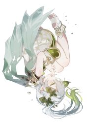 1girl absurdres bare_shoulders bracelet cape commentary dress full_body genshin_impact gold_trim gradient_hair green_cape green_eyes green_hair hair_ornament hashtag-only_commentary highres jewelry leaf_hair_ornament long_hair multicolored_hair nahida_(genshin_impact) pointy_ears side_ponytail sleeveless sleeveless_dress solo sorani_(kaeru0768) star-shaped_pupils star_(symbol) stirrup_legwear symbol-shaped_pupils toeless_legwear toes upside-down white_dress white_hair