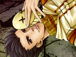 1boy 2000s_(style) black_eyes black_hair brown_shirt closed_mouth commentary_request feliciel goblin_mask grey_background holding holding_mask hunter_(ragnarok_online) jacket looking_at_viewer male_focus mask ragnarok_online shirt short_hair smile solo turtleneck turtleneck_shirt upper_body upside-down white_jacket