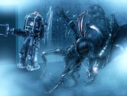 1girl alien alien_(series) alien_queen aliens_(1986) blue_hair commentary_request cosplay crossover drooling ellen_ripley ellen_ripley_(cosplay) exoskeleton full_body gloves hair_bobbles hair_ornament hat houjuu_nue houjuu_nue_(cosplay) indoors kawashiro_nitori mecha pants parody power_loader robot science_fiction shirosato short_hair slime_(substance) snake spacecraft_interior spoilers touhou two_side_up wings