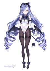 absurdres aer7o ahoge black_pantyhose black_shoes bow breasts crotchless crotchless_pantyhose demon_tail demon_wings drill_hair full_body gloves highres leotard long_hair medium_breasts multicolored_hair pantyhose pointy_ears purple_hair red_eyes shoes simple_background streaked_hair tail tail_bow tail_ornament twin_drills very_long_hair vivian_banshee white_background white_gloves white_leotard wings zenless_zone_zero