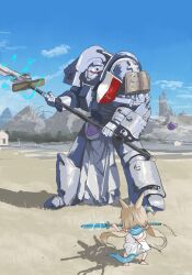 Rule 34 | 1boy, 1girl, absurdres, adeptus astartes, animal ears, arm behind head, armor, banner, blonde hair, blue hair, blue sky, cat ears, cloud, commentary, crossover, english commentary, fins, fish tail, flag, full armor, gauntlets, helmet, highres, holding, holding flag, holding polearm, holding weapon, hungyn16526851, indie virtual youtuber, looking at another, outdoors, pauldrons, polearm, power armor, red eyes, shoulder armor, sky, tail, takodachi (ninomae ina&#039;nis), warhammer 40k, weapon, white flag