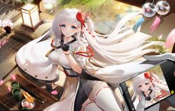 1girl 1other absurdres arm_support azur_lane black_gloves black_skirt blue_eyes blush breasts cellphone cellphone_photo chopsticks commander_(azur_lane) commentary_request cup day falling_petals finger_to_mouth floating_hair food gloves hair_ornament hand_up highres holding holding_phone index_finger_raised indoors japanese_clothes kimono lantern large_breasts light_particles long_hair long_sleeves looking_at_viewer lying mochi mole mole_under_eye obi one_side_up partially_fingerless_gloves petals phone plant potted_plant print_kimono sakura_mochi sash shoukaku_(azur_lane) shrimp shrimp_tempura shushing sitting skirt smartphone smile table taking_picture tassel tempura thighhighs tsuru_ai_momono very_long_hair wagashi white_gloves white_hair white_kimono white_thighhighs wide_sleeves wind_chime wooden_table yunomi