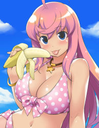1girl :p ahoge banana bikini blue_eyes blush breasts cleavage dokitto!_bikini-pai female_focus food front-tie_top fruit jewelry large_breasts long_hair looking_at_viewer mizusawa_hanon navel necklace pink_hair polka_dot polka_dot_bikini polka_dot_swimsuit side-tie_bikini_bottom smile solo star_(symbol) swimsuit tongue tongue_out youkan
