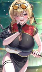 1girl absurdres black-framed_eyewear black_gloves blush breasts brown_hair china_dress chinese_clothes cleavage_cutout clothing_cutout commentary_request dress eyewear_on_head fingerless_gloves fingernails gloves hair_over_one_eye hand_fan hand_up heart highres holding holding_fan large_breasts looking_at_viewer open_mouth purple_eyes single_glove sleeveless sleeveless_dress solo sweety_(zenless_zone_zero) tinted_eyewear yayoi_maka yellow-tinted_eyewear zenless_zone_zero