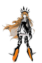1girl black_dress black_rock_shooter black_thighhighs bow chariot_(black_rock_shooter) crown dress freckles full_body hair_bow highres ishmael_(project_moon) limbus_company long_hair looking_at_viewer orange_eyes orange_hair parted_lips project_moon sidelocks simple_background solo sunokou thighhighs very_long_hair wheel white_background white_bow