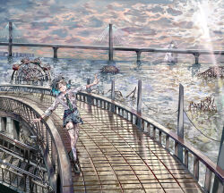 1girl absurdres black_hair black_shoes blue_hair cable-stayed_bridge chain closed_eyes cloud cloudy_sky colored_inner_hair commentary_request crossed_bangs day diagonal-striped_clothes diagonal-striped_necktie dirty dirty_clothes ferris_wheel flood green_necktie grin highres industrial_pipe landscape lens_flare lighthouse loafers multicolored_hair necktie ocean original outdoors outstretched_arms po!son roller_coaster ruins scenery seawall shirt shoes short_hair shorts sky smile socks solo spread_arms stairs striped_clothes sunlight thigh_strap torn_clothes torn_shorts walking water white_shirt white_socks wide_shot