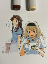 Rule 34 | ..., 2girls, absurdres, art tools in frame, black hairband, blue bow, blue shirt, blush, bow, brown eyes, brown hair, closed mouth, collared shirt, commentary request, cropped legs, cropped torso, dot mouth, dot nose, food, grey eyes, hair between eyes, hair bow, hair ornament, hairband, hairpin, highres, holding, holding food, holding spoon, long hair, long sidelocks, looking at another, marker, marker (medium), multiple girls, multiple hairpins, parted bangs, photo (medium), polo shirt, puffy short sleeves, puffy sleeves, saijou claudine, shiratama (hockey), shirt, short sleeves, shoujo kageki revue starlight, sidelocks, signature, skirt, spoken ellipsis, spoon, tendou maya, traditional media, wavy hair, white skirt, x hair ornament