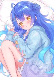 absurdres ahoge amamiya_kokoro blue_hair blush commentary fang hair_between_eyes hair_ornament highres legs long_hair looking_at_viewer lying matcha_november nijisanji on_side open_mouth pillow scales sidelocks skin_fang thighs very_long_hair virtual_youtuber x_hair_ornament yellow_eyes