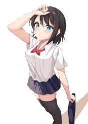 1girl absurdres alternate_costume arm_up bag black_thighhighs blue_eyes blue_skirt blush bow brown_hair collared_shirt hashira_14 highres holding holding_bag hololive looking_at_viewer oozora_subaru red_bow shirt skirt solo thighhighs virtual_youtuber white_background white_shirt