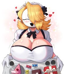 1girl 2024 :d alternate_costume apron black_bow black_dress blonde_hair borrowed_character bow breast_rest breasts cake candy closed_eyes collarbone commentary commission cuffs detached_collar dress english_commentary food frilled_dress frills gift gloves hair_over_one_eye happy heart highres holding holding_tray huge_breasts juliet_sleeves locket_white_(bakalorin) long_sleeves maid maid_apron maid_headdress mario_(series) nintendo open_mouth original puffy_short_sleeves puffy_sleeves shiny_skin short_sleeves shy_gal simple_background smile sweets swept_bangs taut_clothes tidal_(tidaltides) tray two-tone_bow underbust white_background white_bow white_gloves white_mask
