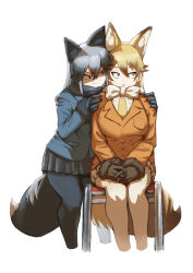 Rule 34 | 2girls, animal ears, black fur, black gloves, black hair, black pantyhose, black skirt, blue jacket, bow, bowtie, brown fur, brown gloves, brown hair, chair, commentary request, extra ears, ezo red fox (kemono friends), fox ears, fox girl, fox tail, fur collar, fur trim, gloves, grey hair, hands on another&#039;s shoulders, hatch box, jacket, kemono friends, long hair, long sleeves, looking away, multicolored hair, multiple girls, necktie, orange hair, orange jacket, orange legwear, pantyhose, pleated skirt, red hair, rolling eyes, sidelocks, silver fox (kemono friends), sitting, skirt, sweatdrop, tail, white bow, white bowtie, white pantyhose, white skirt, yellow eyes, yellow necktie
