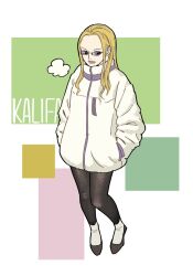 1girl black_footwear black_pants blonde_hair character_name closed_mouth commentary_request full_body glasses green_background hands_in_pockets jacket kalifa_(one_piece) long_hair looking_to_the_side naka29maru one_piece pants pink_lips socks solo white_jacket