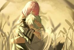 Rule 34 | 1boy, 1girl, ahoge, black coat, coat, commentary, cyrene (honkai: star rail), grey shirt, hair ornament, highres, honkai: star rail, honkai (series), hug, kam (kam nlfa), outdoors, phainon (honkai: star rail), pink hair, shirt, short hair, wheat, wheat field, white hair