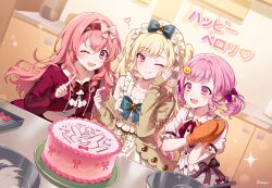 3girls :d ;d ;q absurdres bare_shoulders blonde_hair blue_bow blue_bowtie blunt_bangs blush bow bowtie cake cardigan chick_hair_ornament closed_mouth collarbone commentary_request dress fang food frilled_hairband frills green_cardigan hair_bow hairband highres index_finger_raised indoors jacket kheng_(k_heng1223) kitchen long_hair long_sleeves mixing_bowl momoi_airi multiple_girls neck_ribbon one_eye_closed ootori_emu open_cardigan open_clothes open_mouth own_hands_together pink_eyes pink_hair plate project_sekai purple_bow red_bow red_bowtie red_hairband red_jacket red_ribbon ribbon sailor_collar shirt short_hair short_sleeves single_bare_shoulder skin_fang smile tenma_saki tongue tongue_out translation_request v-shaped_eyebrows whisk white_bow white_dress white_hairband white_sailor_collar white_shirt