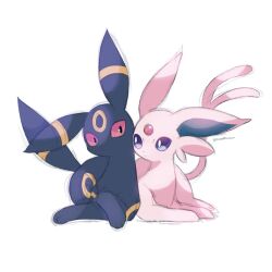 animal_focus black_eyes colored_sclera espeon gen_2_pokemon lying nintendo no_humans pokemon pokemon_(creature) purple_eyes red_sclera simple_background sorashiramu twitter_username umbreon white_background