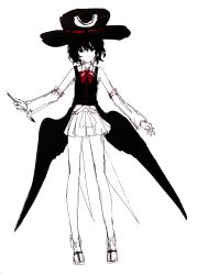 1other androgynous bare_legs bare_shoulders bird_wings calligraphy_brush chinese_commentary coat coattails collared_shirt collared_socks commentary_request detached_sleeves enraku_tsubakura euthan expressionless eye_of_senri full_body greyscale hair_between_eyes hakama hakama_short_skirt hakama_skirt hat highres holding holding_calligraphy_brush holding_paintbrush japanese_clothes len&#039;en long_sleeves messy_hair monochrome neck_ribbon no_mouth other_focus paintbrush puffy_long_sleeves puffy_sleeves red_ribbon ribbon ribbon-trimmed_coat ribbon-trimmed_headwear ribbon-trimmed_sleeves ribbon_trim sandals shirt short_hair simple_background skirt sleeveless sleeveless_coat sleeveless_shirt solo standing tabi top_hat white_background wings zouri