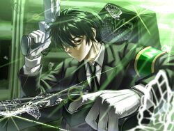 1boy animal_print armband backlighting bags_under_eyes black_butterfly black_eyes black_hair black_necktie black_suit blurry blurry_foreground bug butterfly coffin collared_shirt double-parted_bangs dual_wielding e.g.o_(project_moon) formal_clothes gloves green_armband green_theme gun hair_between_eyes hc7_s2 highres holding holding_gun holding_weapon insect limbus_company looking_at_viewer male_focus necktie one_eye_closed project_moon shirt short_hair solemn_lament_(e.g.o) solo sparkle suit upper_body weapon white_butterfly white_gloves white_shirt yi_sang_(project_moon)