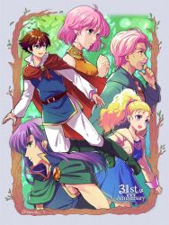 2boys 3girls anniversary bartz_klauser blonde_hair blue_dress blue_eyes blue_tunic boots breasts brown_hair cloak closed_mouth coat dress earrings facial_hair faris_scherwiz final_fantasy final_fantasy_v full_body galuf_halm_baldesion grandfather_and_granddaughter green_cloak green_eyes green_footwear green_headband green_jacket headband highres jacket jewelry krile_mayer_baldesion_(ff5) lenna_charlotte_tycoon long_hair long_sleeves medium_breasts multiple_boys multiple_girls mustache open_mouth orange_dress own_hands_clasped own_hands_together pants pink_hair ponytail purple_hair red_cloak sanroku_3 shirt short_hair sleeveless sleeveless_dress smile tree tunic upper_body wavy_hair white_pants white_shirt yellow_coat