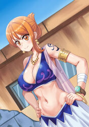 1girl arabian_clothes arm_tattoo armlet bandaged_arm bandages bracelet breasts cleavage closed_mouth collarbone compass cowboy_shot day earrings els_(ljhlee12) gold_bracelet gold_earrings gold_necklace hands_on_own_hips harem_outfit highres jewelry large_breasts log_pose looking_at_viewer nami_(one_piece) nami_(one_piece)_(alabasta) navel necklace one_piece orange_eyes orange_hair outdoors shoulder_tattoo smile solo tattoo