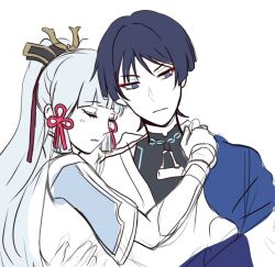 1boy 1girl ayaka_(genshin_impact) black_bodysuit blue_cape blunt_ends blunt_tresses bodysuit cape chinese_knot closed_eyes closed_mouth colored_skin empty_eyes expressionless eyelashes genshin_impact hair_ribbon hand_on_another&#039;s_shoulder hetero high_ponytail hime_cut japanese_clothes kimono light_blush long_hair looking_down marureenu parted_lips ponytail purple_eyes purple_hair ribbon scaramouche_(genshin_impact) short_sleeves shoulder_peek sketch tress_ribbon vambraces wanderer_(genshin_impact) white_background white_hair white_kimono white_skin