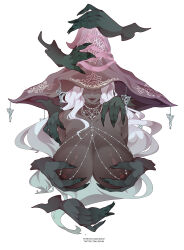1girl absurdres alternate_skin_color black_skin breasts colored_skin dark-skinned_female dark_skin disembodied_hand elden_ring elden_ring_nightreign fingernails grabbing_another&#039;s_breast grey_hair groping hand_on_another&#039;s_head hand_on_another&#039;s_shoulder hat hat_over_eyes highres huge_breasts large_hat lixsium puffy_nipples purple_hat recluse_(elden_ring) sharp_fingernails smile surrounded_by_hands very_dark_skin witch_hat