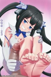 1girl barefoot black_hair blue_eyes blush breasts cleavage conejologia dungeon_ni_deai_wo_motomeru_no_wa_machigatteiru_darou_ka feet gloved_handjob gloves grin hand_on_own_knee handjob hestia_(danmachi) highres long_hair looking_at_viewer medium_breasts precum presenting_feet smile soles toes twintails