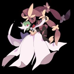 absurdres animal_ears arm_around_waist black_background bob_cut brown_fur colored_skin dancing dress furry gardevoir gen_3_pokemon gen_4_pokemon green_hair highres holding_hands kisumi_rei lop_rabbit_ears lopunny mega_gardevoir mega_lopunny mega_pokemon multicolored_fur nintendo pink_eyes pokemon pokemon_(creature) rabbit_ears simple_background white_dress white_skin