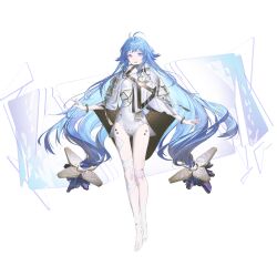 1girl ahoge artist_request barefoot blue_eyes blue_hair eniac_(neural_cloud) full_body game_cg girls&#039;_frontline girls&#039;_frontline_neural_cloud highres hologram leotard long_hair official_art shawl solo standing tachi-e third-party_source transparent_background twintails white_leotard white_shawl