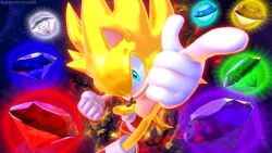 1boy absurdres adverse56 black_background blender_(medium) blue_eyes chaos_emerald clenched_hand commentary diamond_(gemstone) english_commentary fiery_background fire floating foot_out_of_frame furry furry_male gloves glowing_gem hedgehog_boy highres looking_at_viewer pointing pointing_at_viewer red_shoes shoes sneakers socks solo sonic_(series) sonic_frontiers sonic_the_hedgehog super_sonic super_sonic_2 white_gloves white_socks