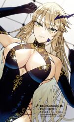 Rule 34 | 1girl, artoria pendragon (fate), artoria pendragon (lancer alter) (fate), artoria pendragon (lancer alter) (fgo fes. 2025) (fate), bare shoulders, black dress, black gloves, blonde hair, blush, breasts, cleavage, dress, elbow gloves, fate/grand order, fate (series), gloves, gold trim, grin, hair between eyes, highres, horns, kabosoi mangaka, large breasts, long hair, looking at viewer, side slit, sidelocks, smile, solo, yellow eyes