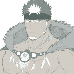 1boy alternate_facial_hair bara bare_pectorals dark-skinned_male dark_skin facial_hair frown fur_trim goatee hair_between_eyes headband highres jewelry large_pectorals long_sideburns male_focus mature_male multicolored_hair muscular muscular_male muted_color necklace pectorals pointy_ears portrait short_hair sideburns snake solo spiked_hair tangaroa_(housamo) tatatan_(ts_kon2) tokyo_houkago_summoners tooth_necklace tribal two-tone_hair upper_body white_hair white_snake yellow_eyes