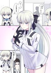 1boy 1girl black_bow black_dress black_gloves black_hair blue_choker blue_eyes blush bow braid breasts choker cosplay dress fate/grand_order fate_(series) fujimaru_ritsuka_(male) fujimaru_ritsuka_(male)_(decisive_battle_chaldea_uniform) fujimaru_ritsuka_(male)_(decisive_battle_chaldea_uniform)_(cosplay) gloves grey_hair hair_bow half_up_braid halloween highres jacket large_breasts long_hair long_sleeves morgan_le_fay_(fate) natu_zame no_pants open_mouth pants ponytail short_hair showering sidelocks smile two-tone_dress very_long_hair white_jacket