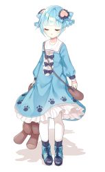1girl bag blue_dress blue_nails blue_shoes closed_eyes creatures_(company) dress female_focus full_body game_freak gen_5_pokemon gen_7_pokemon hair_ornament handbag heart heart_hair_ornament highres holding holding_stuffed_toy komala kuro_guren looking_at_viewer nail_polish nintendo personification pokemon shoes short_hair solo standing stuffed_animal stuffed_toy swoobat teddy_bear transparent_background white_legwear