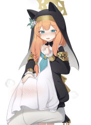 Rule 34 | 1boy, 1girl, absurdres, blue archive, blush, blush visible through clothes, habit, head under another&#039;s clothes, hetero, highres, jisol, lohun, long hair, looking down, mari (blue archive), nun, sensei (blue archive), simple background, under another&#039;s clothes, white background