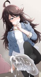 1girl absurdres ahoge black_pants blue_jacket blush brown_hair cum cum_on_body cum_on_feet denim denim_jacket foot_focus from_below green_eyes highres jacket jewelry leg_up long_hair looking_to_the_side necklace nel-c original paid_reward_available pants shirt socks solo variant_set white_shirt white_socks