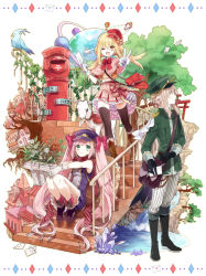 2girls ;d androgynous animal_ears black_footwear black_gloves black_legwear blonde_hair blue_eyes boots brown_footwear closed_mouth envelope fantasy gloves green_eyes hat knee_boots legs_together long_hair looking_at_viewer looking_to_the_side mailbox mailman multiple_girls one_eye_closed open_mouth original pants pink_hair pinstripe_pattern pouch shirako_miso sidelocks sitting smile stairs standing striped_clothes striped_pants swept_bangs thighhighs twintails v vertical-striped_clothes vertical-striped_pants very_long_hair white_gloves zettai_ryouiki