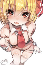 1girl absurdres areola_slip ascot bikini bikini_pull black_bikini blonde_hair blush clothes_pull fang female_focus greatmosu hair_ribbon heart heart-shaped_pupils highres micro_bikini open_mouth red_eyes ribbon rumia smile solo string_pull swimsuit symbol-shaped_pupils thighhighs touhou white_background white_thighhighs