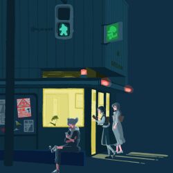 Rule 34 | 3girls, blue background, building, commentary request, dress, fukurai azami, jasmine (toshi densetsu kaitai center), jumpsuit, long hair, multiple girls, night, outdoors, police box, road, sato mio, shirt, shizu (mjdrad4), shoes, short hair, sign, sitting, skirt, sneakers, standing, street, toshi densetsu kaitai center, traffic light