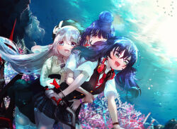 3girls :d air_bubble azur_lane beret black_hair black_hat bracelet brown_eyes bubble checkered_clothes checkered_skirt coral coral_reef green_eyes hair_bun hair_ornament hairclip hat headphones headphones_around_neck highres i-25_(azur_lane) i-25_(coral_reef_bunny)_(azur_lane) i-56_(azur_lane) i-56_(wallflower_in_the_corner)_(azur_lane) jewelry kobara_suita long_hair medium_hair multiple_girls official_alternate_costume open_mouth pink_hair rigging school_uniform short_sleeves skirt smile u-101_(azur_lane) u-101_(ironbrass_trombonist)_(azur_lane) underwear