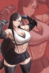 1girl abs absurdres alternate_muscle_size bare_shoulders black_hair black_skirt black_thighhighs black_undershirt breasts brown_hair commentary crop_top cropped_legs earrings elbow_gloves english_commentary final_fantasy final_fantasy_vii final_fantasy_vii_remake flexing gloves grin highres jewelry large_breasts long_hair low-tied_long_hair midriff muscular muscular_female one_eye_closed red_background red_eyes skirt smile solo standing suspenders tank_top thighhighs tifa_lockhart zoom_layer zukululuu