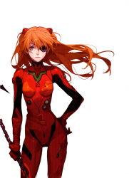 1girl absurdres ask_(askzy) blue_eyes closed_mouth highres long_hair neon_genesis_evangelion orange_hair solo souryuu_asuka_langley standing twintails weapon white_background