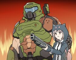 Rule 34 | 1girl, armor, assault visor, brown hair, collared shirt, crossover, danganronpa (series), danganronpa 2: goodbye despair, doom (series), doomguy, gun, hair ornament, hand on another&#039;s shoulder, helmet, holding, holding weapon, hood, jacket, kmnm 1403, long sleeves, medium hair, nanami chiaki, neck ribbon, open clothes, open jacket, pink eyes, praetor suit, ribbon, shirt, shotgun, solo, weapon, white shirt