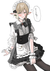 1boy alternate_costume black_bow black_dress black_pantyhose blush bow center_frills chihuri closed_mouth collared_shirt crossdressing dress enmaided final_fantasy final_fantasy_xiv frills green_eyes hair_between_eyes highres light_brown_hair maid maid_headdress male_focus pantyhose pointy_ears puffy_short_sleeves puffy_sleeves shirt short_sleeves simple_background sitting sleeveless sleeveless_dress solo sweat translation_request white_background white_shirt wrist_cuffs zephirin_de_valhourdin