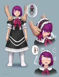 1girl artist_name black_dress blush bow child doll dress drooling empty_eyes eyes_visible_through_hair female_focus full_body gothic_lolita grey_background hair_bow hairband highres hypnosis light_switch lolita_fashion lolita_hairband marionette matching_hair/eyes mind_control multiple_views objectification open_mouth pink_bow pink_ribbon puppet purple_eyes purple_hair ribbon saliva short_hair short_sleeves signature simple_background sleepymaid standing steam teeth text_focus thighhighs tongue white_thighhighs